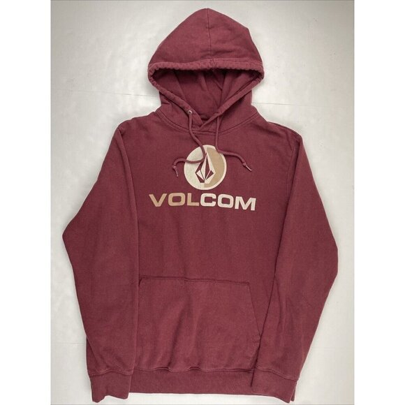 Volcom Hoodie Sweatshirt Men’s M Skater Cotton Blend Spellout Logo Maroon Pocket - Picture 2 of 11